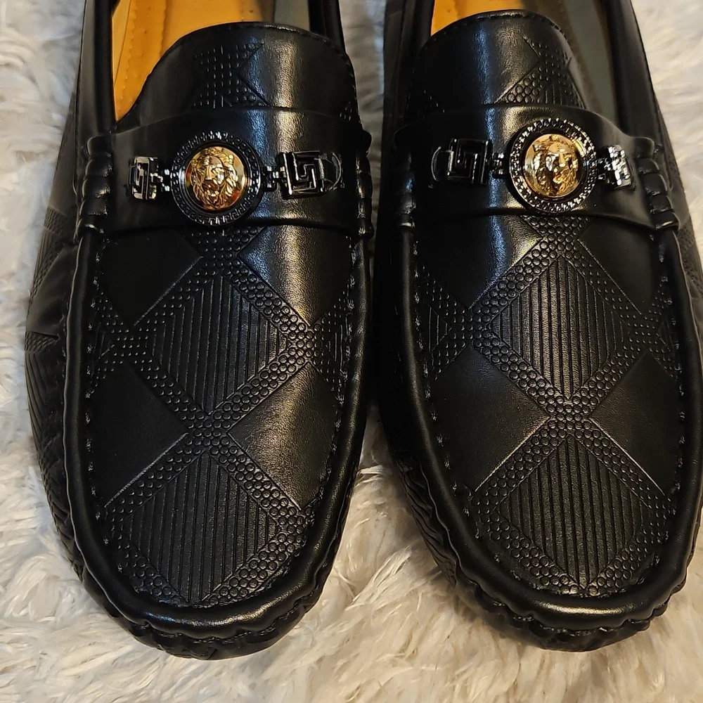 Black and Gold Slip-On Loafers‎ with Horsebit Detail